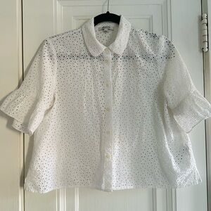 Madewell White Eyelet Shirt with Elbow-Length Ruffled Sleeves - Size L (12-14)